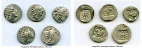 ANCIENT LOTS. Greek. Carian Islands. Rhodes. Ca. 88-84 BC. Lot of five (5) AR drachms. VF-XF. Includes: (5) Plinthophoric standard, AR drachms. Variou...