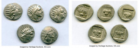 ANCIENT LOTS. Greek. Carian Islands. Rhodes. Ca. 88-84 BC. Lot of five (5) AR drachms. VF-XF. Includes: (5) Plinthophoric standard, AR drachms. Variou...