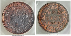 Victoria "Large Leaves, Large Date" Cent 1891 MS62 ICCS, London mint, KM7. Obverse 3. Large leaves, large date variety. Trace of red on otherwise brow...