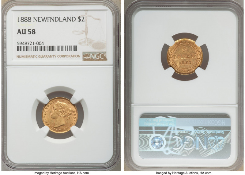Newfoundland. Victoria gold 2 Dollars 1888 AU58 NGC, London mint, KM5.

HID098...
