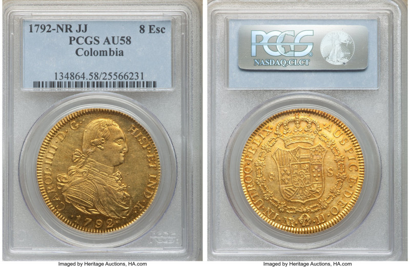 Charles IV gold 8 Escudos 1792 NR-JJ AU58 PCGS, Nuevo Reino mint, KM62.1. AGW 0....