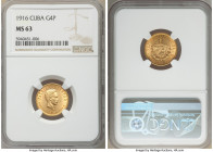 Republic gold 4 Pesos 1916 MS63 NGC, Philadelphia mint, KM18. Two year type. AGW 0.1935 oz. 

HID09801242017

© 2020 Heritage Auctions | All Right...