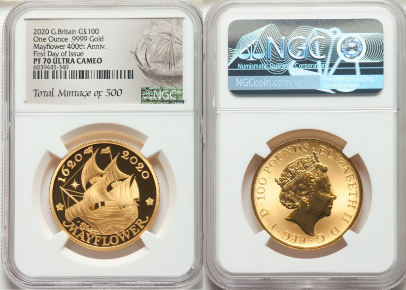 Elizabeth II gold Proof "Mayflower 400th Anniversary" 100 Pounds (1 oz) 2020 PR7...