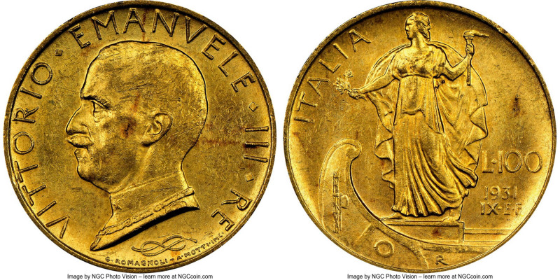 Vittorio Emanuele III gold 100 Lire Anno IX (1931)-R MS62 NGC, Rome mint, KM72. ...