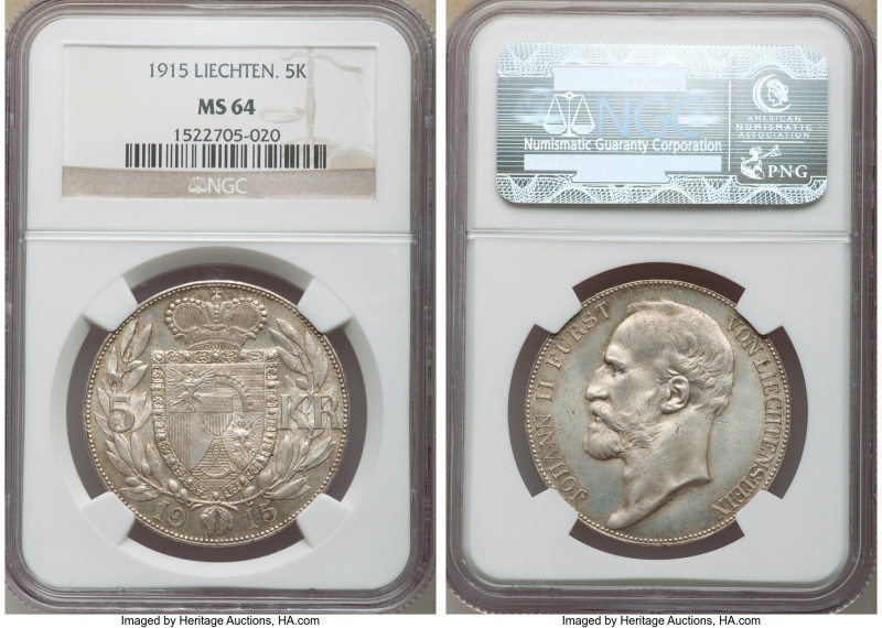 Johann II 5 Kronen 1915 MS64 NGC, KM-Y4. Luster subdued by light gold and gray t...