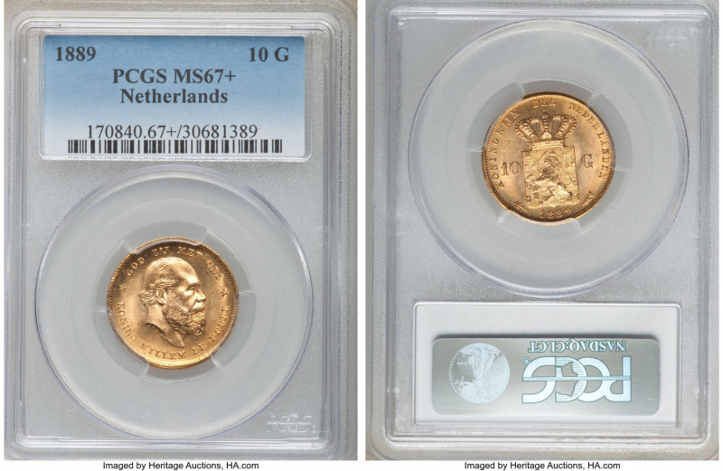 Willem III gold 10 Gulden 1889 MS67+ PCGS, Utrecht mint, KM106. Dazzling golden ...