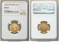 Spanish Colony. Isabel II gold 4 Pesos 1868 MS60 NGC, Manila mint, KM144. Conservatively graded, lustrous and attractive. 

HID09801242017

© 2020...