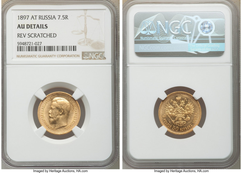 Nicholas II gold 7 Roubles 50 Kopecks 1897-AГ AU Details (Reverse Scratched) NGC...