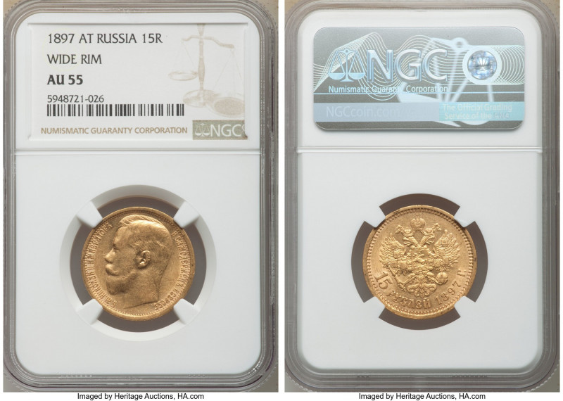 Nicholas II gold "Wide Rim" 15 Roubles 1897-AΓ AU55 NGC, St. Petersburg mint, KM...
