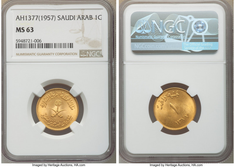 Abd al-Aziz bin Sa'ud gold Guinea AH 1377 (1957) MS63 NGC, KM43. AGW 0.2355 oz. ...