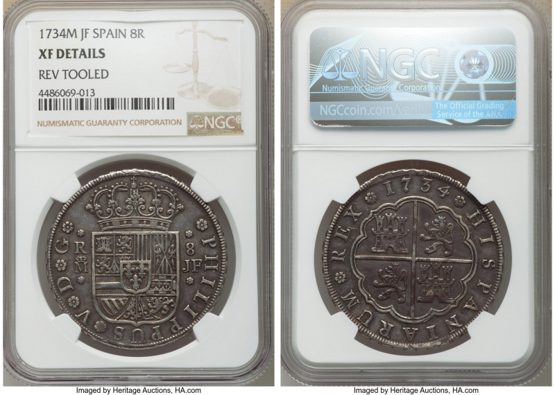 Philip V 8 Reales 1734 M-JF XF Details (Reverse Tooled) NGC, Madrid mint, KM336....