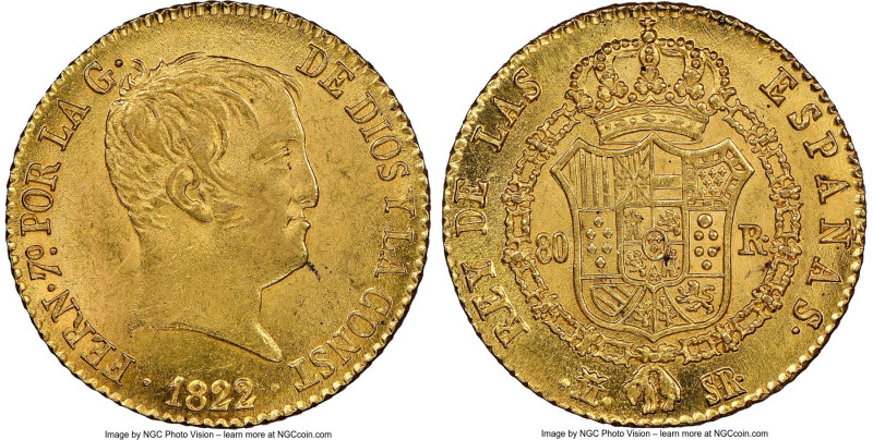 Ferdinand VII gold "De Vellon" 80 Reales 1822 M-SR MS62 NGC, Madrid mint, KM564....