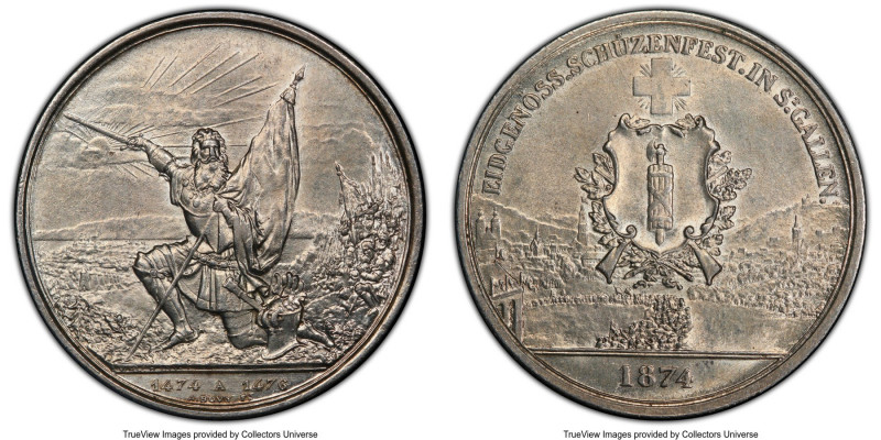 Confederation "St. Gallen Shooting Festival" 5 Francs 1874 MS63 PCGS, KM-XS12, R...