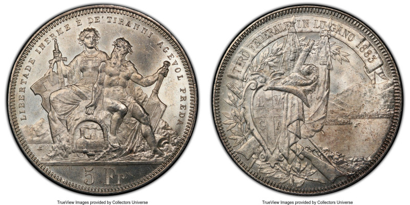Confederation "Lugano Shooting Festival" 5 Francs 1883 MS65 PCGS, KM-XS16, Richt...