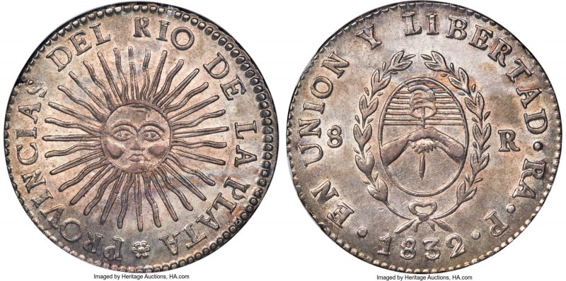 Rio de la Plata 8 Reales 1832 RA-P MS61 NGC, La Rioja mint, KM20, Elizondo-24, J...