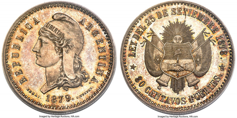Republic silver Specimen Essai 80 Centavos Fuertes 1879 SP65 PCGS, Brussels mint...