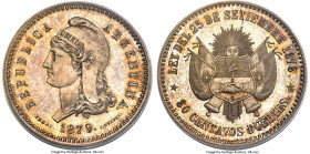 Republic silver Specimen Essai 80 Centavos Fuertes 1879 SP65 PCGS, Brussels mint, KM-XE5, Guttag-Unl., Janson-26.1. By C. Wurden. A sublime silver Pat...