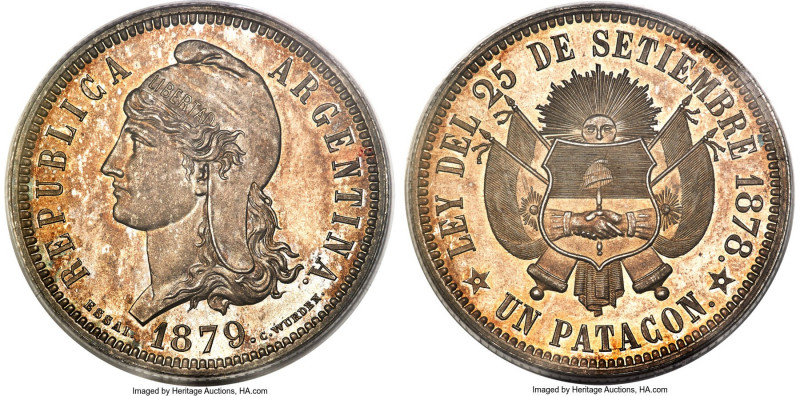 Republic silver Specimen Essai Patacon 1879 SP64 PCGS, Brussels mint, KM-XE6, Gu...
