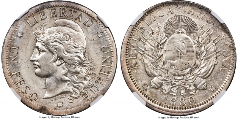 Republic silver Unofficial Restrike Pattern Peso 1880 MS62 NGC, KM-Pn20, Janson-...