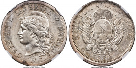 Republic silver Unofficial Restrike Pattern Peso 1880 MS62 NGC, KM-Pn20, Janson-31. A fascinating issue with uniformly metallic surfaces with light re...