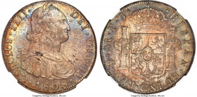 Charles IV 8 Reales 1808 PTS-PJ MS63 NGC, Potosi mint, KM73, Elizondo-51, Cay-13984. Delightfully iridescent and ringed in multi-chromatic shades, hig...