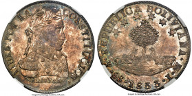 Republic 8 Soles 1833 PTS-LM MS65 NGC, Potosi mint, KM97, WR-16, Elizondo-82. Beautifully preserved and endowed with a vibrant lilac and golden irides...