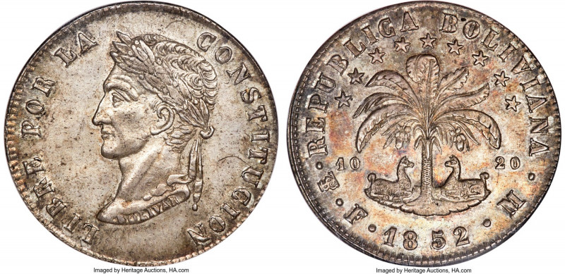 Republic 8 Soles 1852 PTS-FM MS62 NGC, Potosi mint, KM112.1, Elizondo-105. A pop...