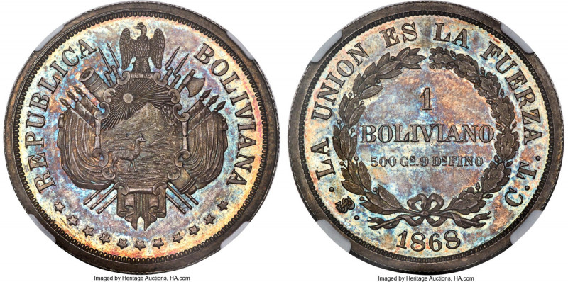 Republic silver Proof Pattern Boliviano 1868-CT PR64+ NGC, Potosi mint, KM-Pn8, ...