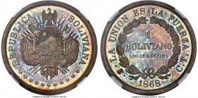 Republic silver Proof Pattern Boliviano 1868-CT PR64+ NGC, Potosi mint, KM-Pn8, Fonrobert-9718. A beautiful rendition of this collectible Proof Patter...