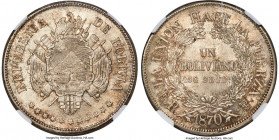 Republic Boliviano 1870 PTS-ER MS66 NGC, Potosi mint, KM155.1, WR-23, Elizondo-144. 11 stars, 4 leaves, "25G" variety. A top-tier one-year type radiat...