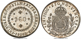 Pedro II 960 Reis 1825-R MS65 NGC, Rio de Janeiro mint, KM368.1, Elizondo-47, LMB-506, Bentes-474.22. Overstruck on a Charles IV bust 8 Reales. A wond...