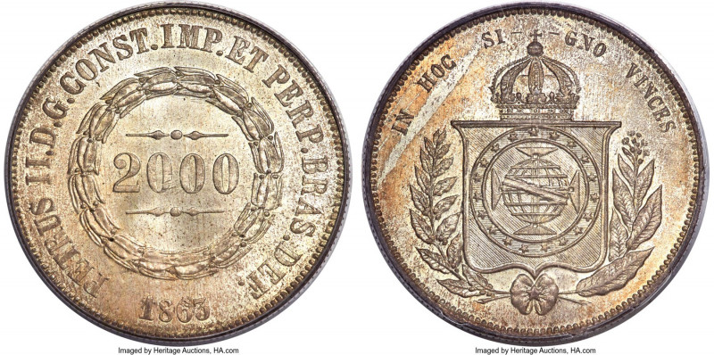 Pedro II 2000 Reis 1863 MS65 PCGS, Rio de Janeiro mint, KM466, Elizondo-72, LMB-...