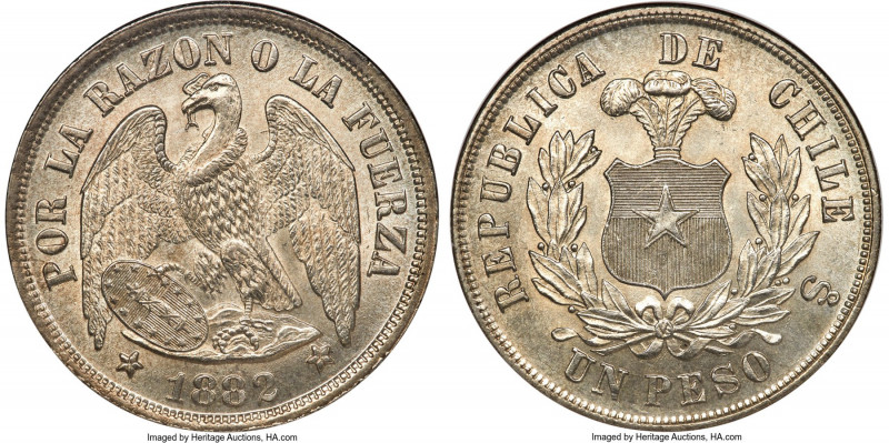 Republic Peso 1882-So MS65 NGC, Santiago mint, KM142.1, Elizondo-129. Fully stru...