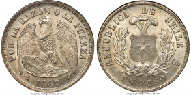Republic Peso 1882-So MS65 NGC, Santiago mint, KM142.1, Elizondo-129. Fully struck and gem in every sense of the word, the feather detail and device o...
