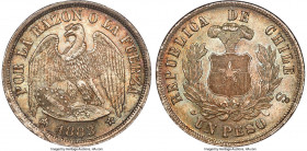 Republic Peso 1883-So MS65 NGC, Santiago mint, KM142.1, Elizondo-130. Original strike, Round top "3" variety. Highly luminous surfaces enliven at the ...