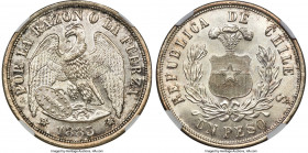 Republic Restrike Peso 1883-Dated (1925)-So MS64 NGC, Santiago mint, KM142.3, Elizondo-139. Restrike, Flat top "3" variety. Bestowed the coveted "Wing...