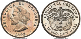 Republic Proof 50 Centavos 1892 PR64 NGC, Bogota mint, KM187.2 (3 Known), Restrepo-408.1. Small Size. Struck to commemorate the 400th anniversary of C...