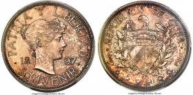 Republic Souvenir Peso 1897 MS65 PCGS, Gorham mint, KM-XM2, Elizondo-2. Mintage: 4,286. Type II. Close date, star below "97" baseline. Luxuriously sat...