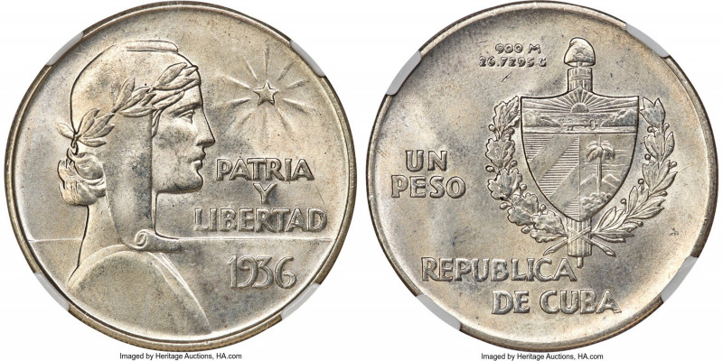 Republic "ABC" Peso 1936 MS65 NGC, Philadelphia mint, KM22, Elizondo-12. Near th...