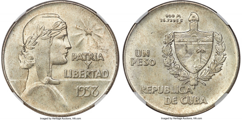 Republic "ABC" Peso 1938 MS65 NGC, Philadelphia mint, KM22, Elizondo-14. An offe...