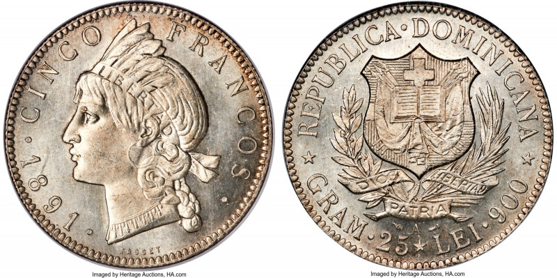 Republic 5 Francos 1891-A MS64 NGC, Paris mint, KM12, Elizondo-1, Gomez-93. A fl...