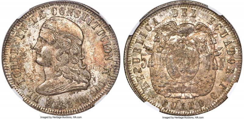 Republic 5 Francos 1858 QUITO-GJ MS63 NGC, Quito mint, KM39, Elizondo-2, Carr-64...