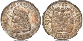 Republic 5 Francos 1858 QUITO-GJ MS63 NGC, Quito mint, KM39, Elizondo-2, Carr-64. A wonderful offering elusive in Choice Mint State and finer in this ...