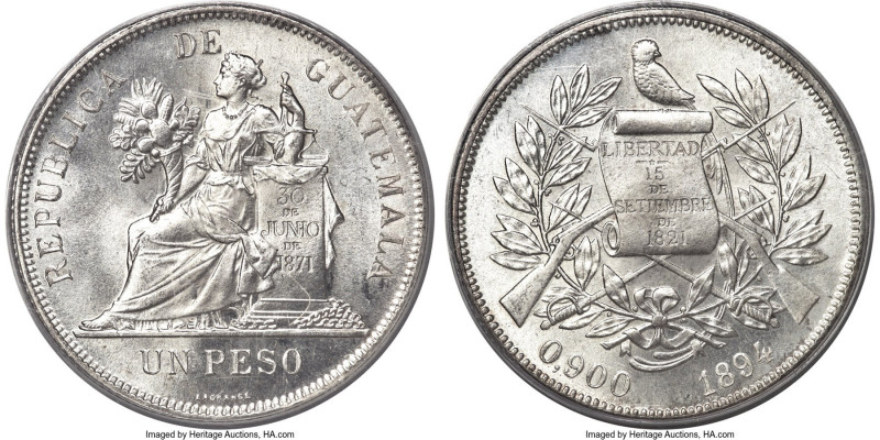 Republic Peso 1894 MS66 PCGS, Guatemala mint, KM210, Elizondo-136. Marked by bea...