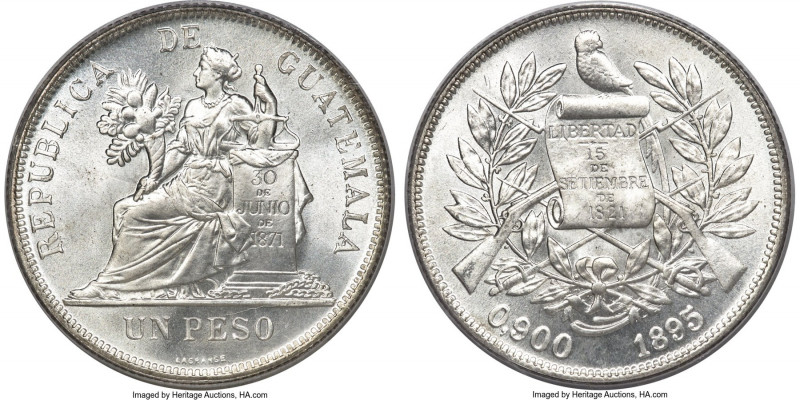 Republic Peso 1895 MS67 PCGS, Guatemala mint, KM210, Elizondo-138. A superb exam...