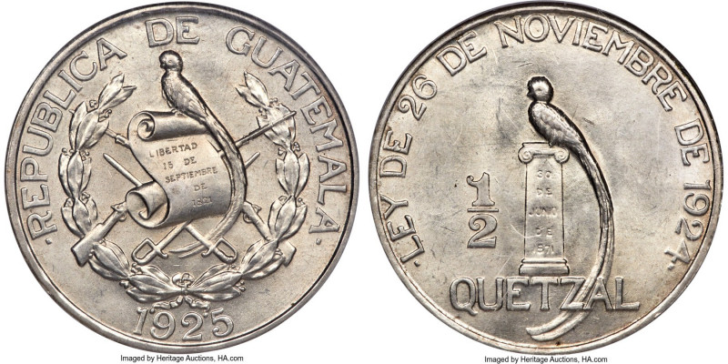 Republic 1/2 Quetzal 1925-(P) MS64 NGC, Philadelphia mint, KM241.2. With "NOBLES...