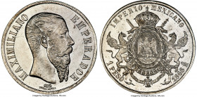 Maximilian Peso 1866-Mo MS65 NGC, Mexico City mint, KM388.1, Elizondo-172. Sharp, gleaming, and frosty, this gem stands well above the majority of its...