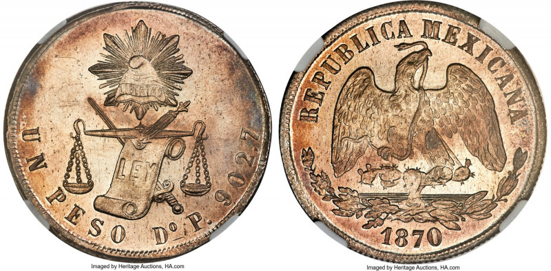 Republic Peso 1870 Do-P MS64 NGC, Durango mint, KM408.2, Elizondo-980. On the ve...