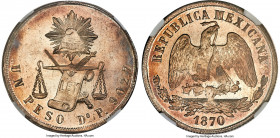 Republic Peso 1870 Do-P MS64 NGC, Durango mint, KM408.2, Elizondo-980. On the verge of Gem Mint State and by all appearances Prooflike, with expansive...