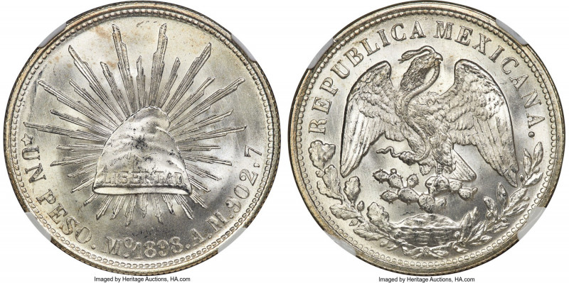 Republic Restrike Peso 1898 Mo-AM MS67 NGC, Mexico City mint, KM409.2, Elizondo-...